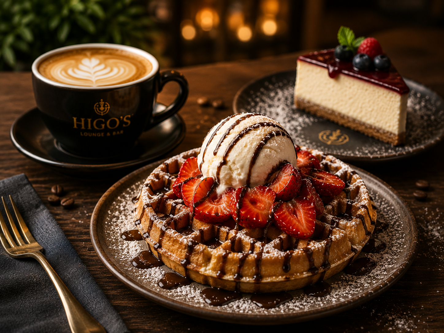 Waffle me fruta dhe akullore, cheesecake dhe kafe
