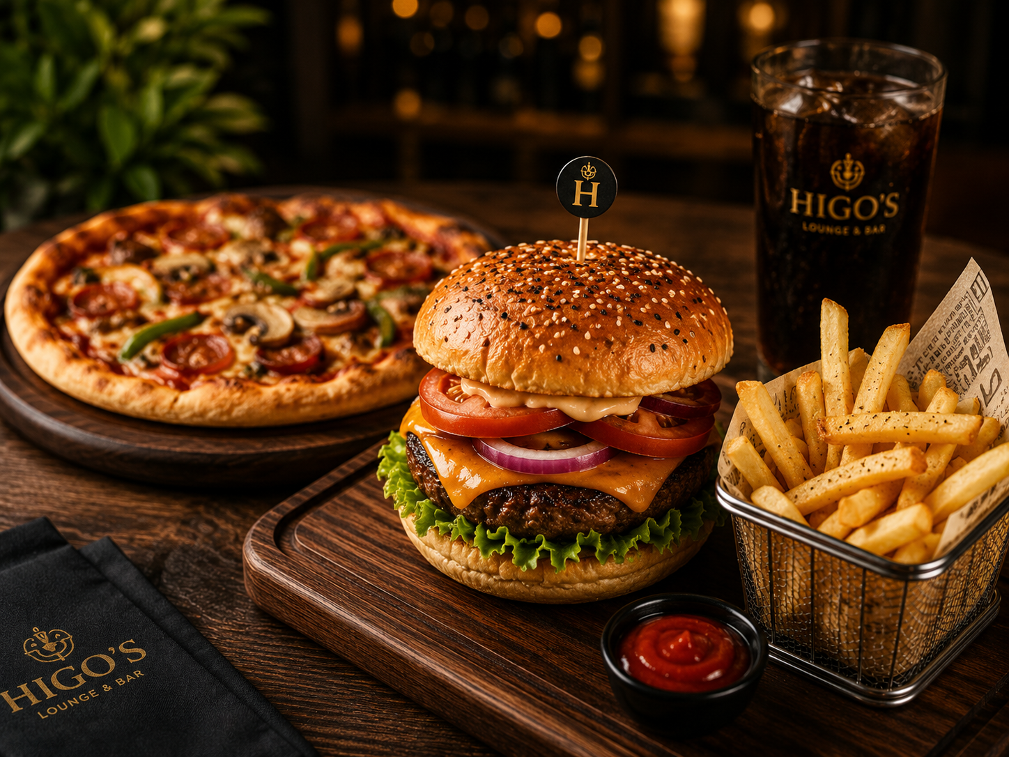 Burger me patate të skuqura dhe pizza në tavolinë